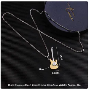 Detail of guitar pendant on stainless steel chain with 70cm length and polished finish