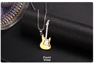 Detailed view of dual-tone electric guitar pendant with polished finish on bead chain