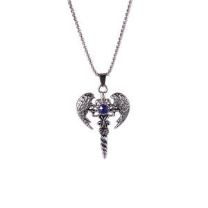 Punk angel wings cross necklace in titanium steel with a blue crystal pendant
