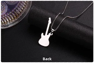 Detailed back view of silver guitar pendant with polished finish on a box chain