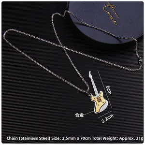 Detailed view of guitar necklace pendant with size 6x2.2cm and 70cm stainless steel chain