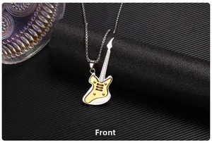 Detailed front view of the gold and silver two-tone guitar pendant necklace jewelry