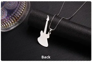 Detailed back view of guitar silhouette pendant with polished stainless steel surface
