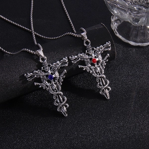 Punk Gothic Dragon Sword Cross Pendant Necklace For Men Women Stainless Steel Alloy Rhinestone Retro Jewelry Gift