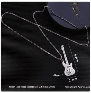 Detailed view of silver guitar pendant with leaf pattern measuring 6.7cm on 70cm chain