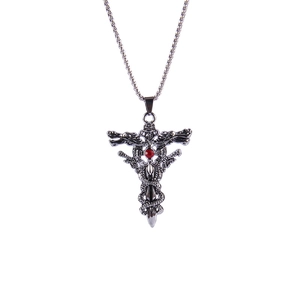 Gothic punk cross necklace with dragon sword and red gem on stainless steel chain
