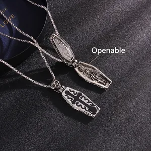 Gothic openable coffin pendant necklace with cross design and skull clasp on leather
