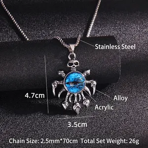 Punk titanium steel necklace with a blue evil eye pendant and a detailed silver skull charm