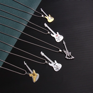 Rock Music Style Guitar Pendant Necklace For Men Women Stainless Steel Alloy Two Tone Hip Hop Jewelry Accessory Neck Chain