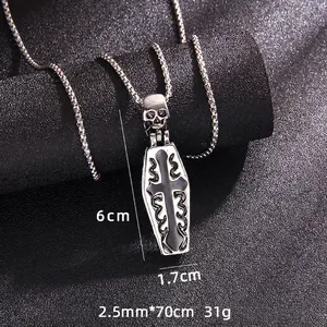 Gothic punk coffin cross necklace with skull pendant in vintage silver steel finish