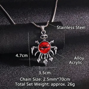 Gothic skull evil eye necklace with red acrylic eyeball and stainless steel ball chain