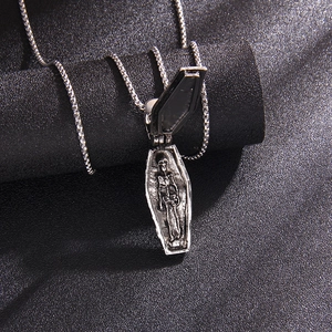 Gothic coffin pendant necklace with hidden skull skeleton and stainless steel box chain