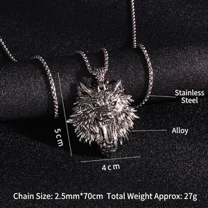 Wolf head pendant necklace in punk style with 70cm stainless steel chain for men