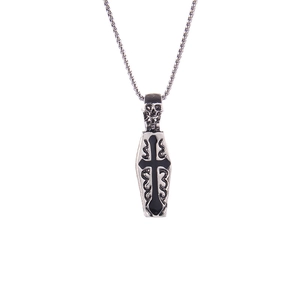 Gothic coffin pendant necklace with skull and black cross in vintage silver finish