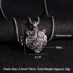 Tiger head pendant necklace in silver alloy with a 70cm stainless steel chain