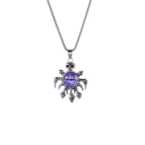 Gothic skull pendant necklace with purple evil eye in antique silver finish