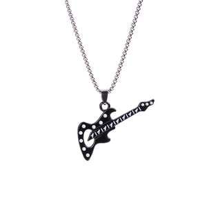 Rock style black guitar pendant necklace with white polka dots on a metal link chain