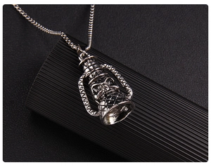 Close-up of vintage skull kerosene lamp pendant with gothic antique silver finish