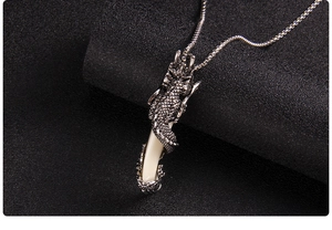 Close-up of vintage stainless steel dragon pendant with wolf tooth on black fabric