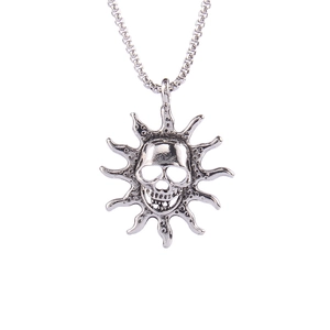 Hip hop stainless steel flaming skull pendant necklace with sunburst sun rays for men