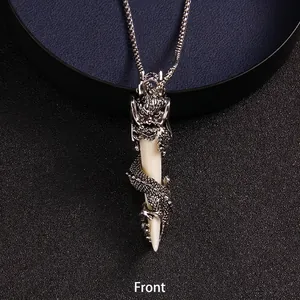 Vintage stainless steel dragon wrap wolf tooth pendant necklace for men with silver finish