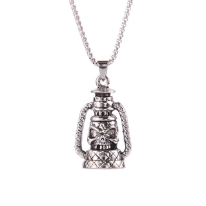 Retro kerosene lamp skull pendant necklace in antique silver finish for men