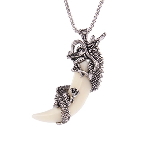 Retro stainless steel dragon pendant necklace with ivory-colored wolf tooth charm