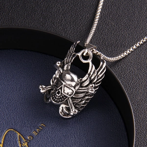 Gothic punk angel wing skull necklace in antique silver finish with stainless box chain