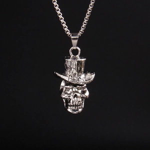 Collier Pendentif Tête de Mort avec Haut-de-forme Rétro Punk Gothique pour Homme Chaîne en Acier Inoxydable Bijoux