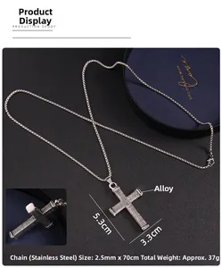 Detail of vintage textured cross pendant with stainless steel bead chain and dimensions
