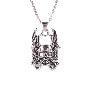 Punk style skull and angel wings stainless steel pendant necklace for men in vintage silver