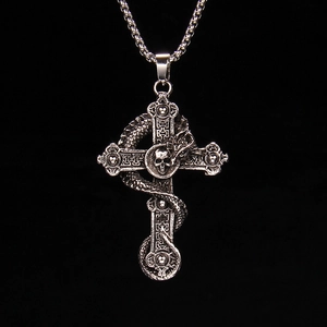 Vintage Gothic Punk Coiling Dragon Cross Necklace With Skull Pendant Stainless Steel Chain For Men Women Retro Silver Jewelry