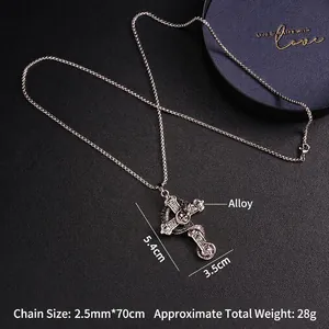 Vintage punk dragon cross necklace in retro silver alloy with detailed skull pendant