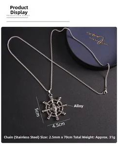 Macro shot of silver anchor pendant with dimensions showing stainless steel chain