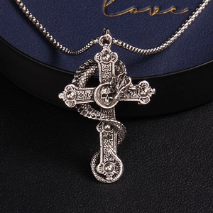 Gothic silver dragon cross necklace with skull relief and round bead chain jewelry