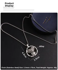 Macro view of alloy skull pendant with engine detail and 70cm stainless steel chain