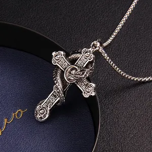 Vintage punk dragon cross necklace in retro stainless steel with skeleton skull pendant
