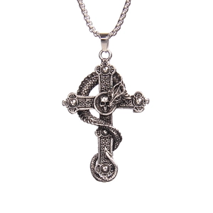 Retro punk stainless steel necklace with dragon wrapped cross and skull pendant