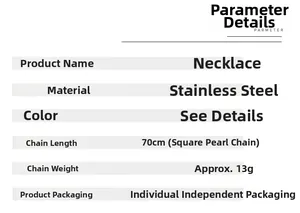 Spécifications du collier en acier inoxydable, chaîne perle carrée, longueur 70cm, poids 13g