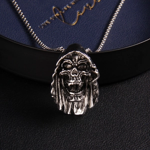 Gothic skull pendant necklace in vintage silver steel with a hooded reaper design