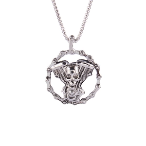 Gothic skull necklace for men with motor engine details and silver steel box chain