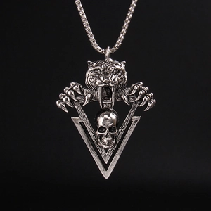 Collier Pendentif Tête de Tigre et Crâne Punk Gothique pour Hommes Femmes Chaîne en Alliage et Acier Inoxydable Rétro Bijoux
