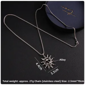 Detail view of retro alloy skull sun pendant with stainless steel pearl chain measurements