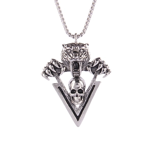 Gothic tiger head and skull pendant necklace in silver stainless steel for men