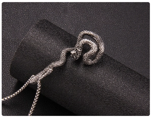Détail du pendentif serpent argenté avec texture d'écailles sur cuir noir