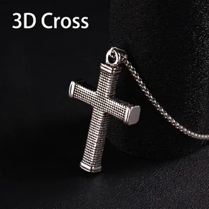 Retro Unisex 3D Cross Pendant Necklace Stainless Steel Box Chain Alloy Grid Texture Religious Hip Hop Jewelry Gift