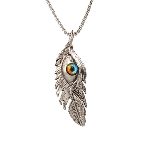 Collier vintage en acier inoxydable avec pendentif plume et détail œil bleu
