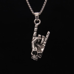 Punk Rock Skull Hand Gesture Pendant Necklace For Men Women Stainless Steel Chain Antique Silver I Love You Sign Gothic Skeletal Jewelry