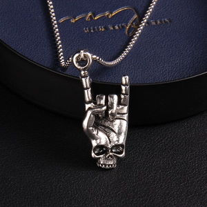 Punk rock skull love gesture pendant in vintage stainless steel with ball chain