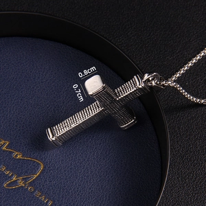 Retro stainless steel cross pendant necklace with textured grid pattern and box chain